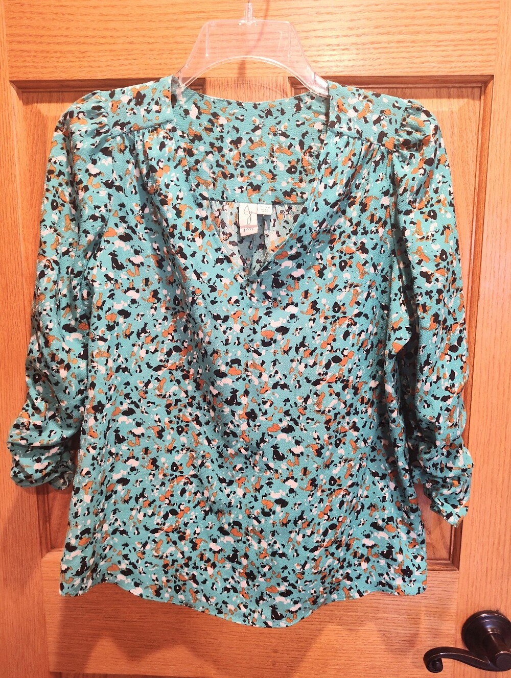 Joie Splatter Print V-Neck, Ruched Sleeve Blouse